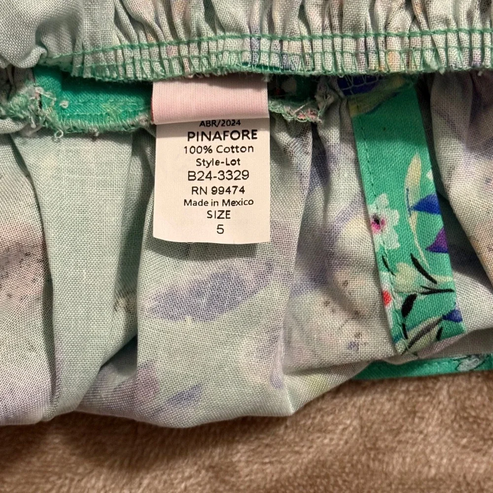 Ricrac & Ruffles Girls Floral Pinafore Bloomer Set Green Iris Bee Size 5 NWT